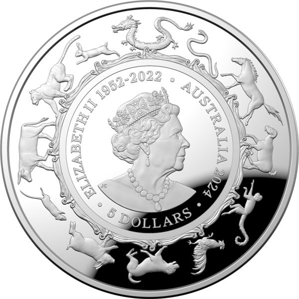 2024 $5 Fine Silver Proof Year of the Dragon Domed Coin - Image 3