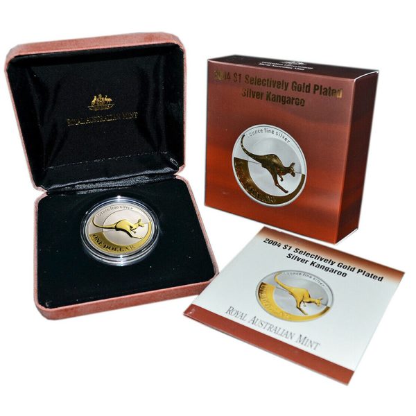 2004 $1 Australian Kangaroo 1oz Silver Selectively Gold-Plated Coin