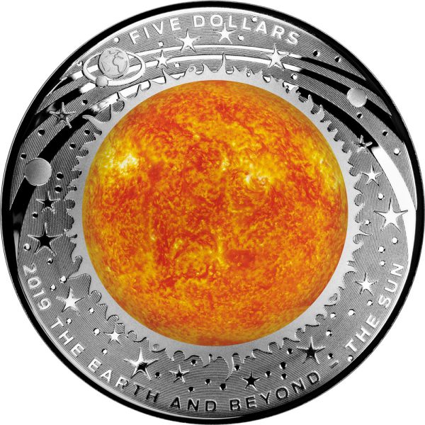 2019 $5 The Earth & Beyond ‘The Sun’ 1oz Silver Coloured Domed Proof Coin - Image 2