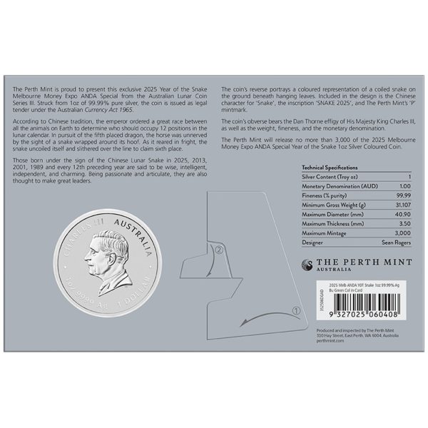 2025 $1 Perth Mint Year of the Snake 1oz Silver Coloured Coin - Image 4